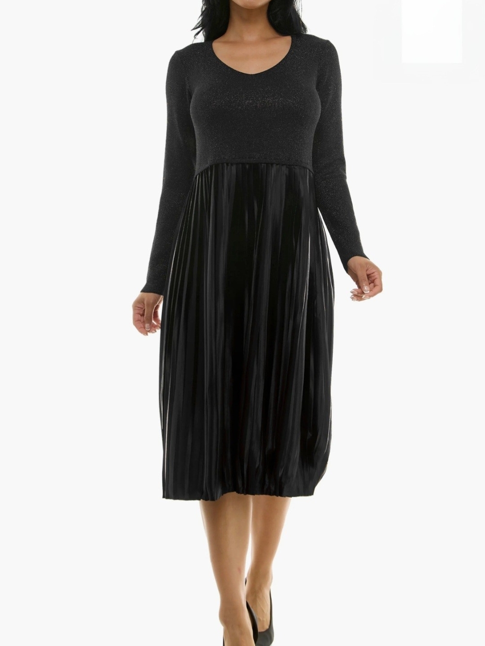 Nina Leonard Black Pleated Midi Skirt Dress